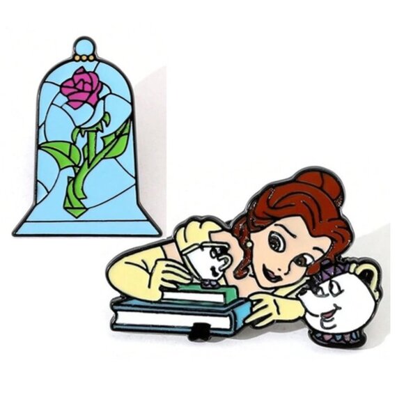 DISNEY’s Beauty & The Beast “Belle & Rose" 2-Piece Trading Pin Set (BRAND-NEW!) - Picture 1 of 4